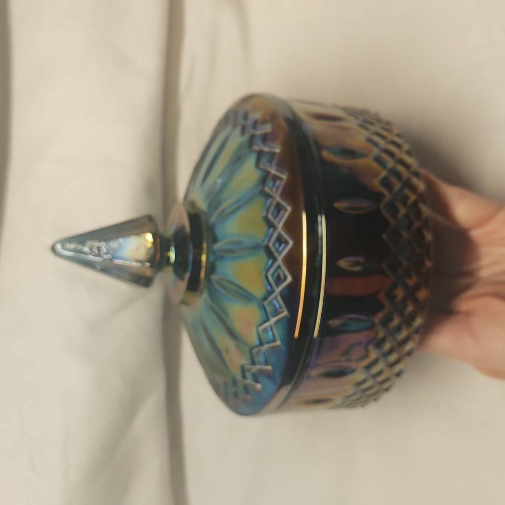 Vintage Candy Dish With Lid Iridescent Blue Rainbow Carnival Glass 1960s EUC - Picture 11 of 12